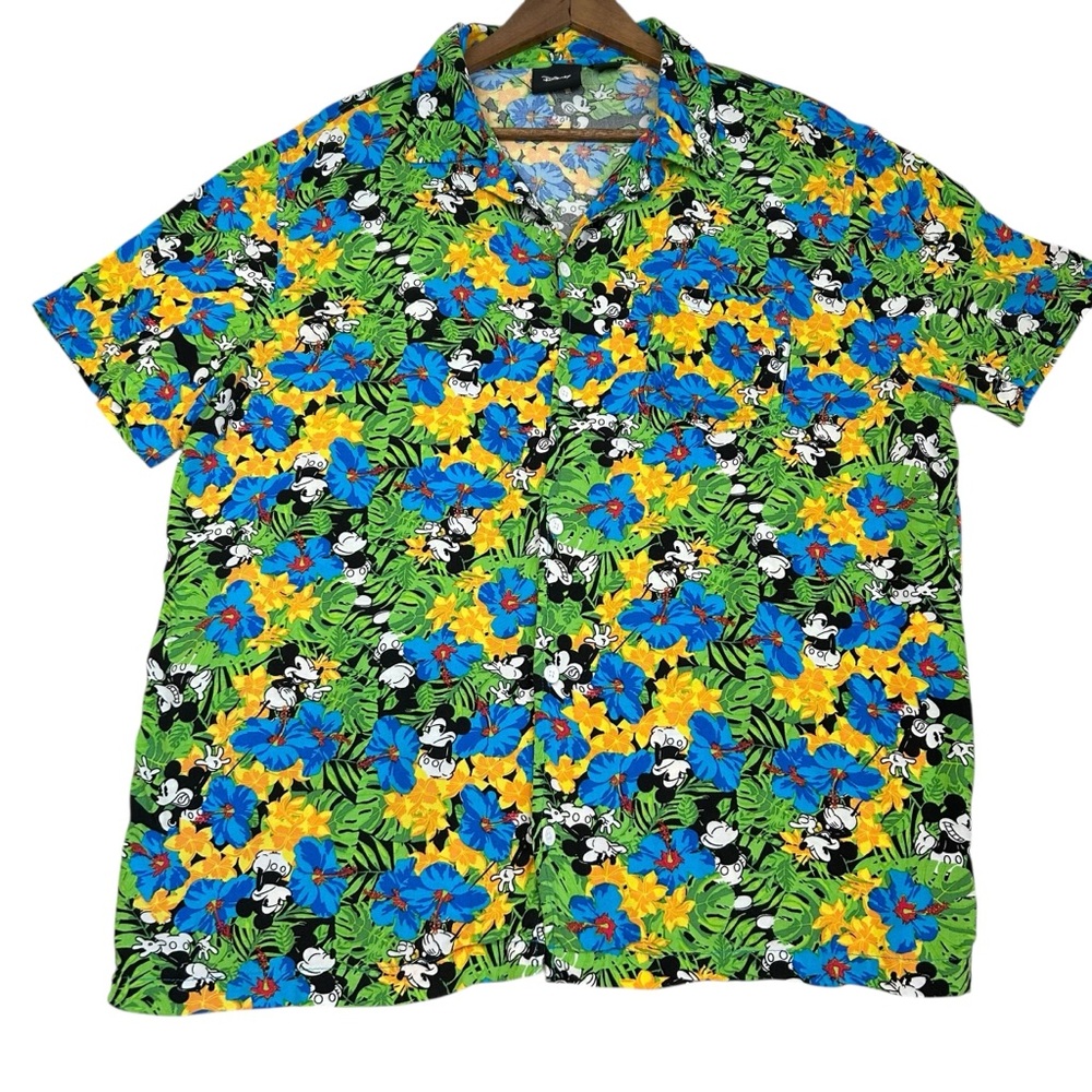 Disney MICKEY MOUSE Hawaiian Camp Shirt Mens XL Multicolor AOP Beach Travel SS